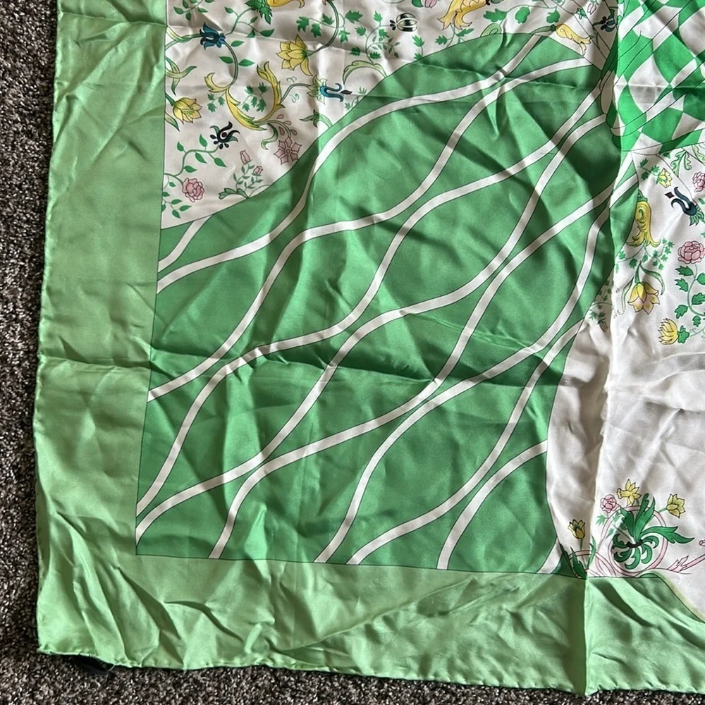 GUMPS 100% Silk Scarf Green White Floral Checkerboard Luxury Scarf